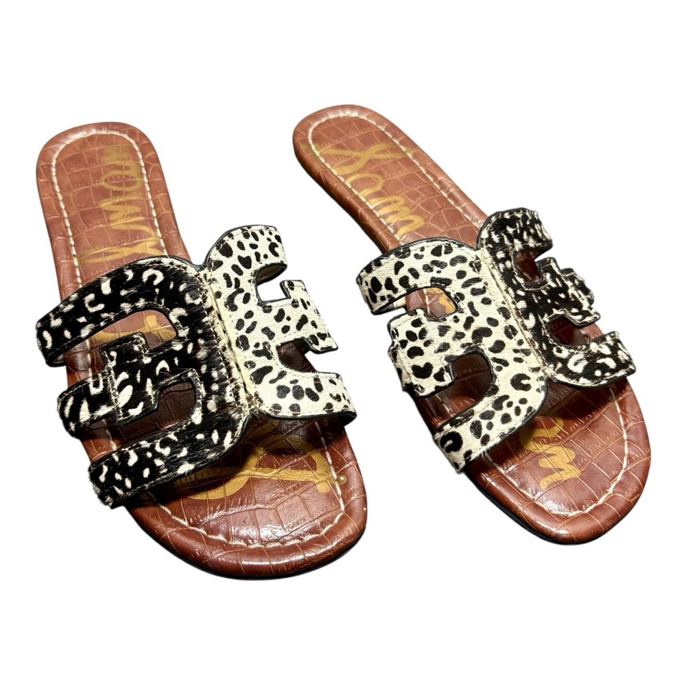 SAM EDELMAN Black and White Animal Print Calf Hair Sandals